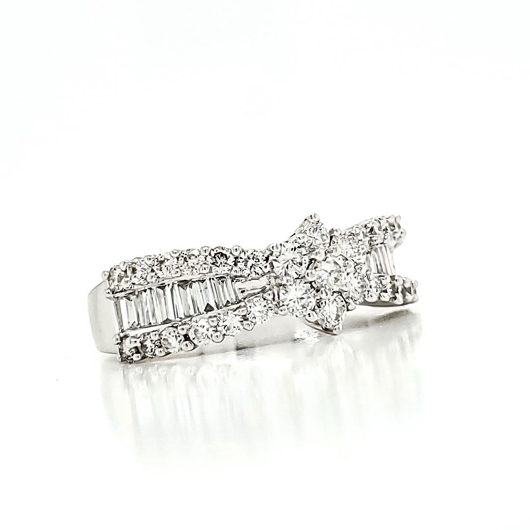 18k White Gold Baguette-Cut Cts 0.65 and Round Cts 0.53 Diamond Engagement Ring For Sale 1