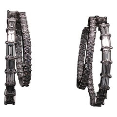 18K White Gold Baguette-Cut & Round Brilliant-Cut Diamond Hoop Earrings