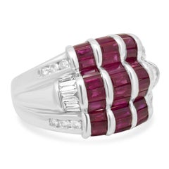 18K White Gold Baguette Cut Ruby and Diamond 3-Row Ring