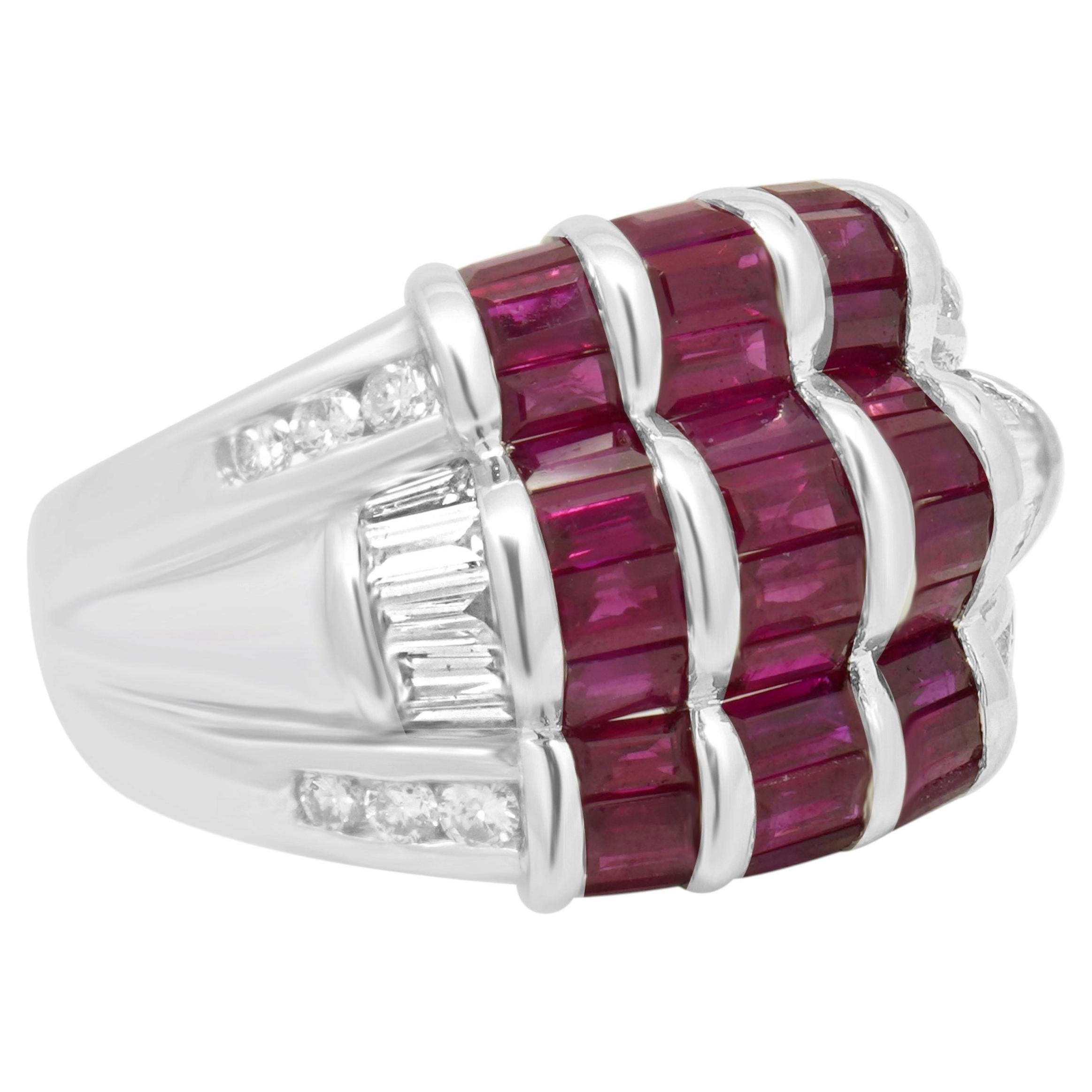 18K White Gold Baguette Cut Ruby and Diamond 3-Row Ring For Sale
