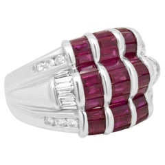 18K White Gold Baguette Cut Ruby and Diamond 3-Row Ring