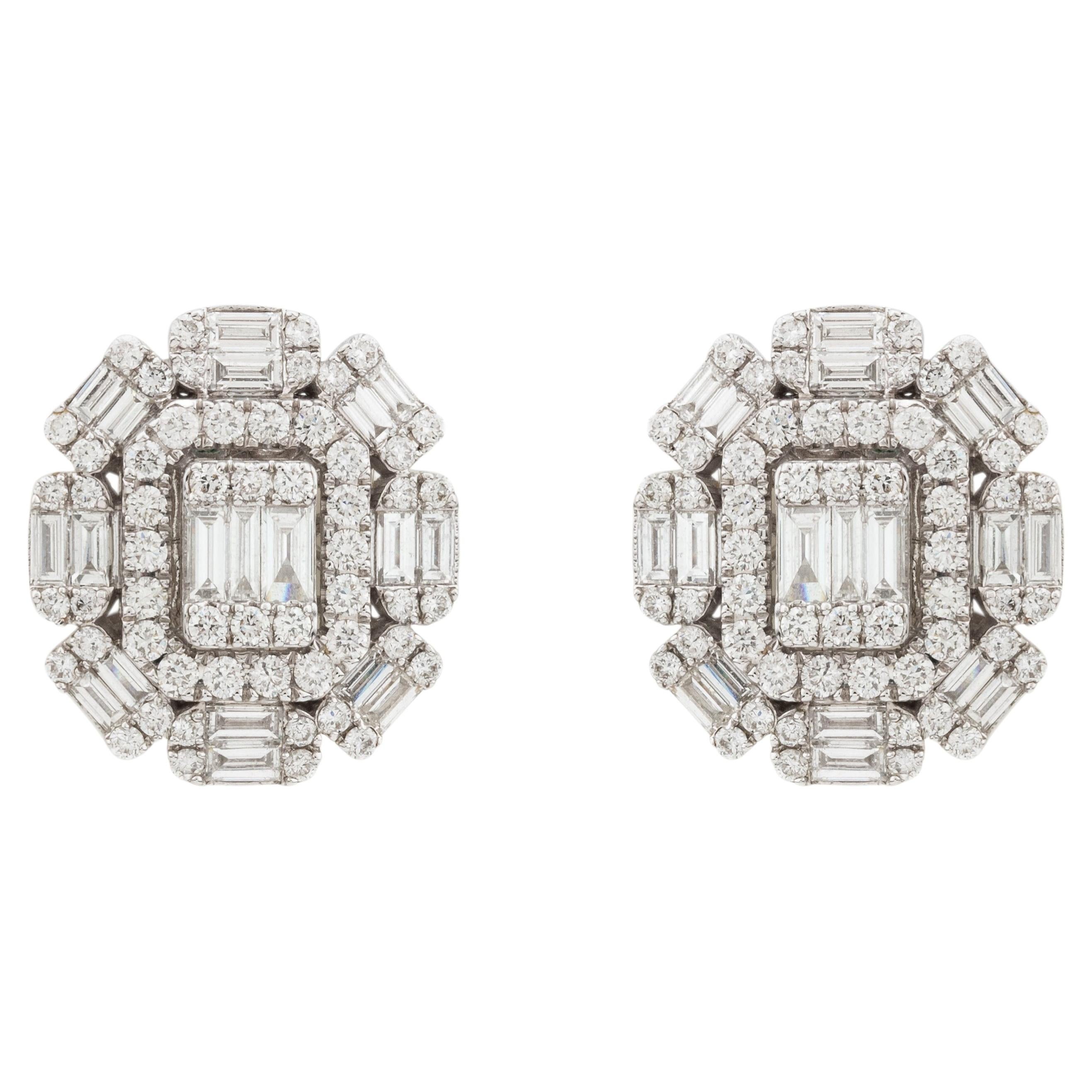 18K White Gold Baguette Diamond Art Deco Inspired Geometric Cluster Stud Earring For Sale