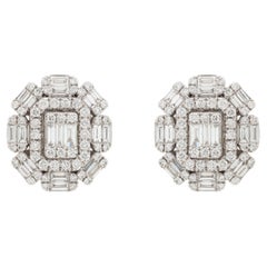 18K White Gold Baguette Diamond Art Deco Inspired Geometric Cluster Stud Earring