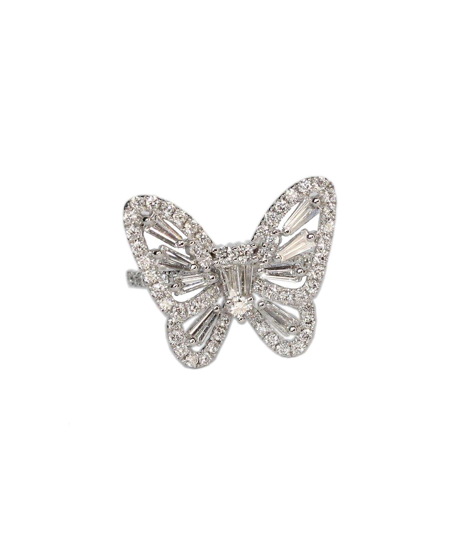 Baguette Cut Tess Van Ghert 18K White Gold Baguette Diamond Butterfly Cocktail Ring For Sale