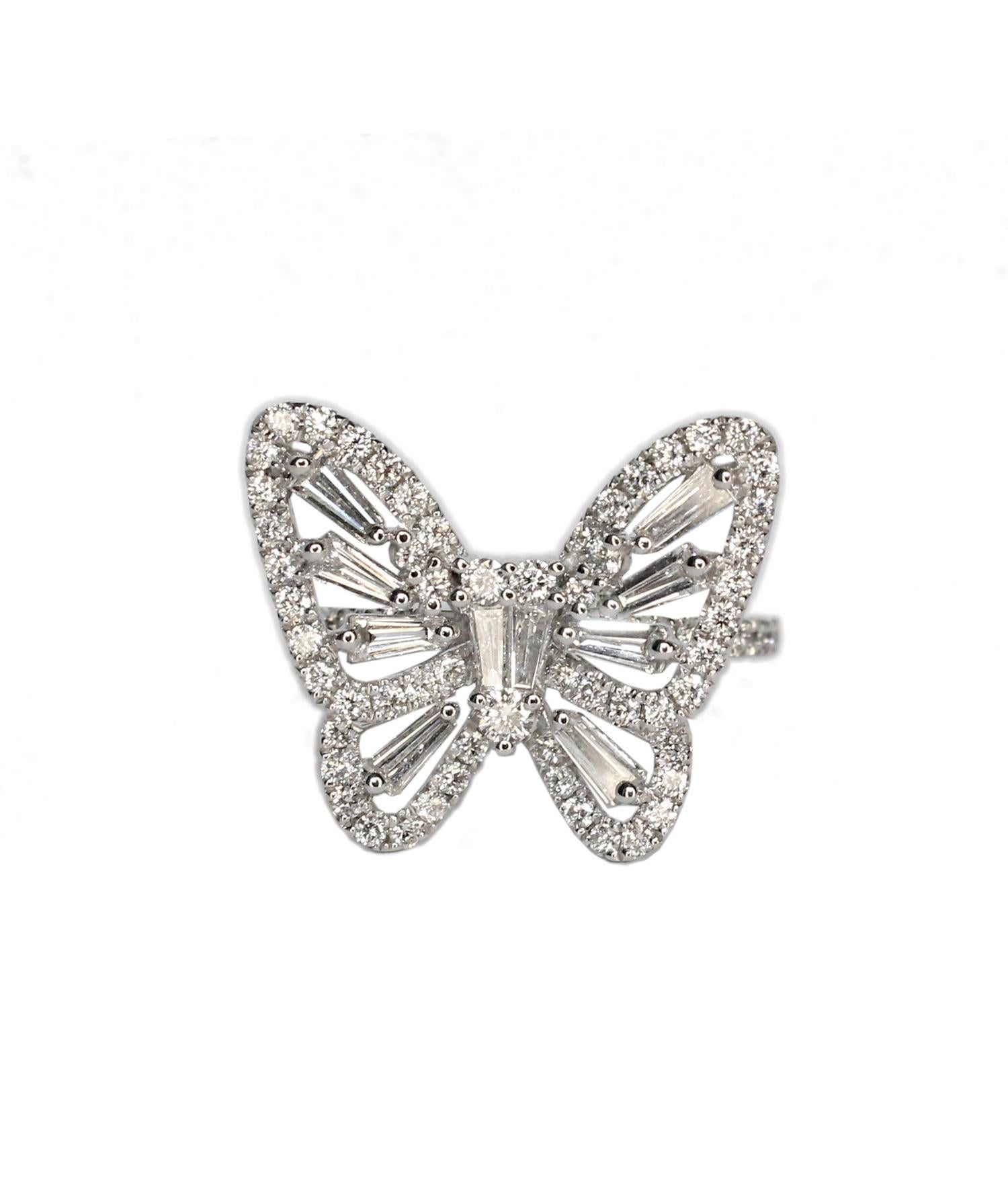 Tess Van Ghert 18K White Gold Baguette Diamond Butterfly Cocktail Ring For Sale 2