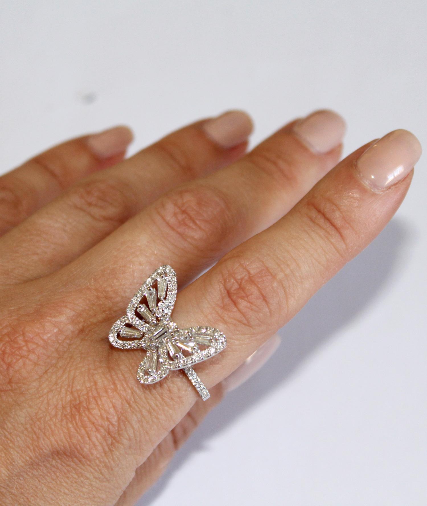 Tess Van Ghert 18K White Gold Baguette Diamond Butterfly Cocktail Ring For Sale 3