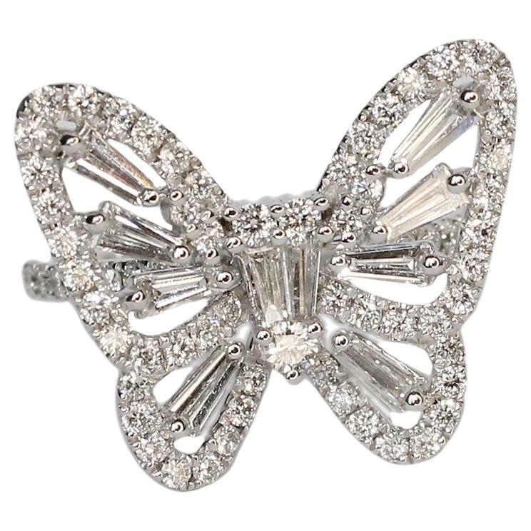 Tess Van Ghert 18K White Gold Baguette Diamond Butterfly Cocktail Ring For Sale
