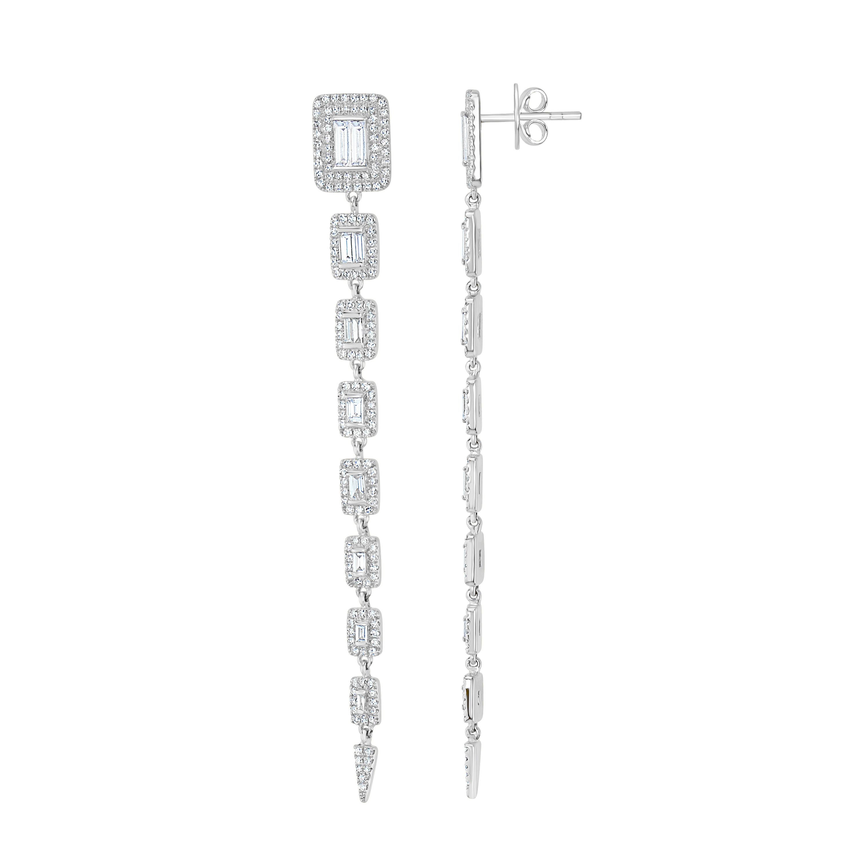 Baguette Cut Luxle 2.00 Cttw Natural Diamond Drop Earrings in 18k White Gold For Sale