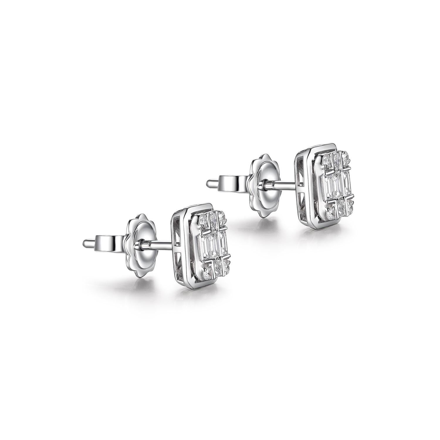 Experience elegance with our stunning stud earrings, featuring 0.34 carats of taper baguette diamonds, paired beautifully with 0.06 carats of sparkling round diamonds. The geometric allure of the baguettes, combined with the classic brilliance of