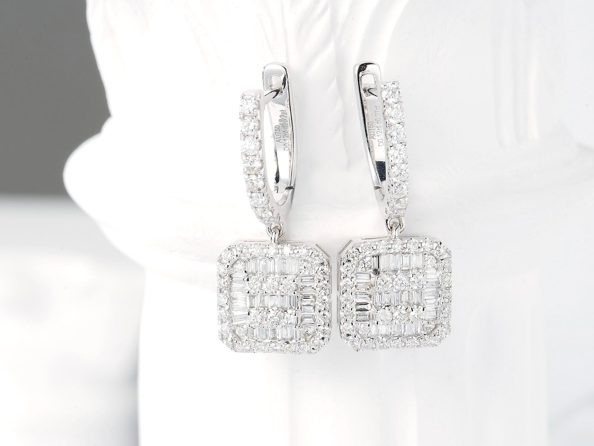 Baguette Cut 18K White Gold Baguette Diamond Earrings For Sale
