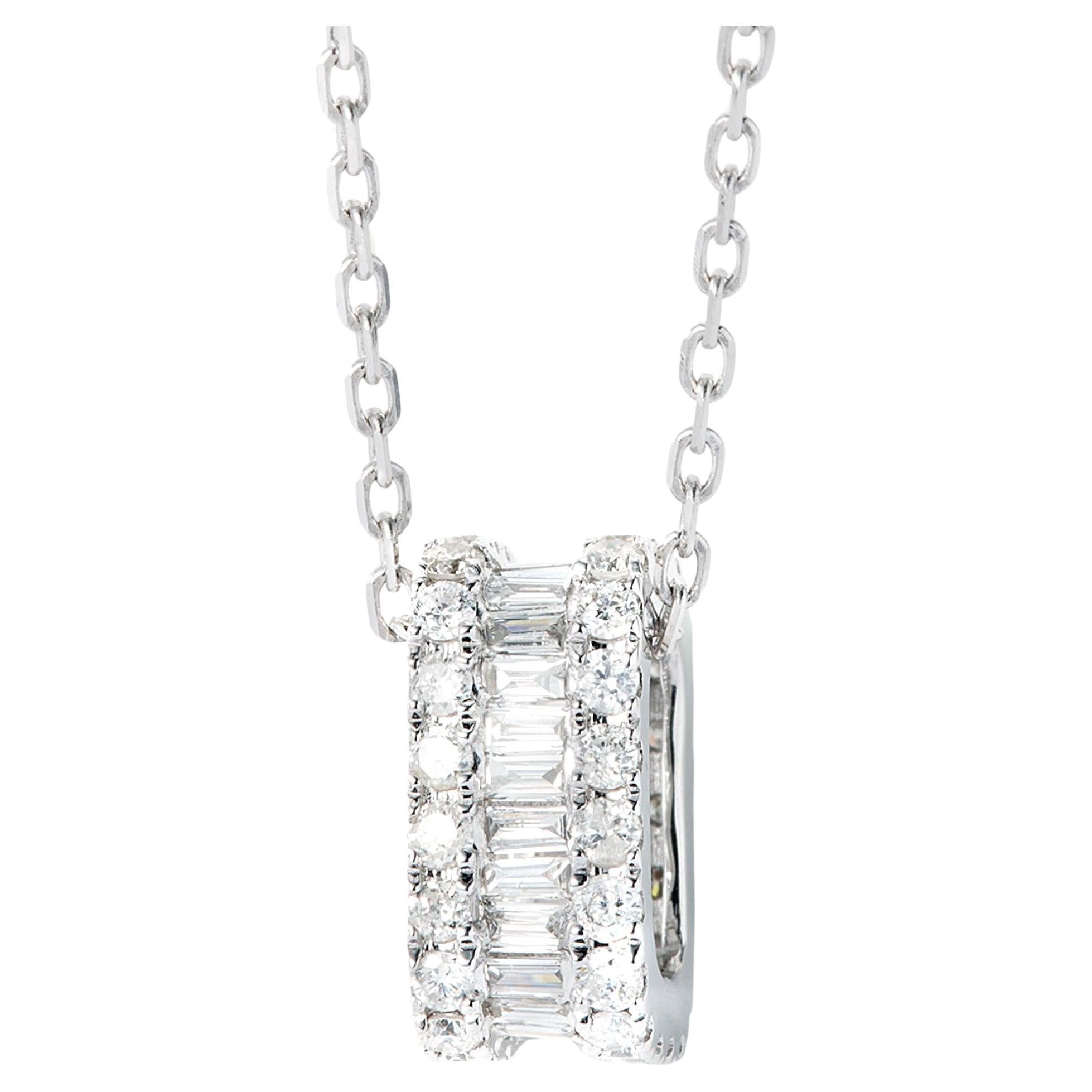 18K White Gold Baguette Diamond Pendant Necklace