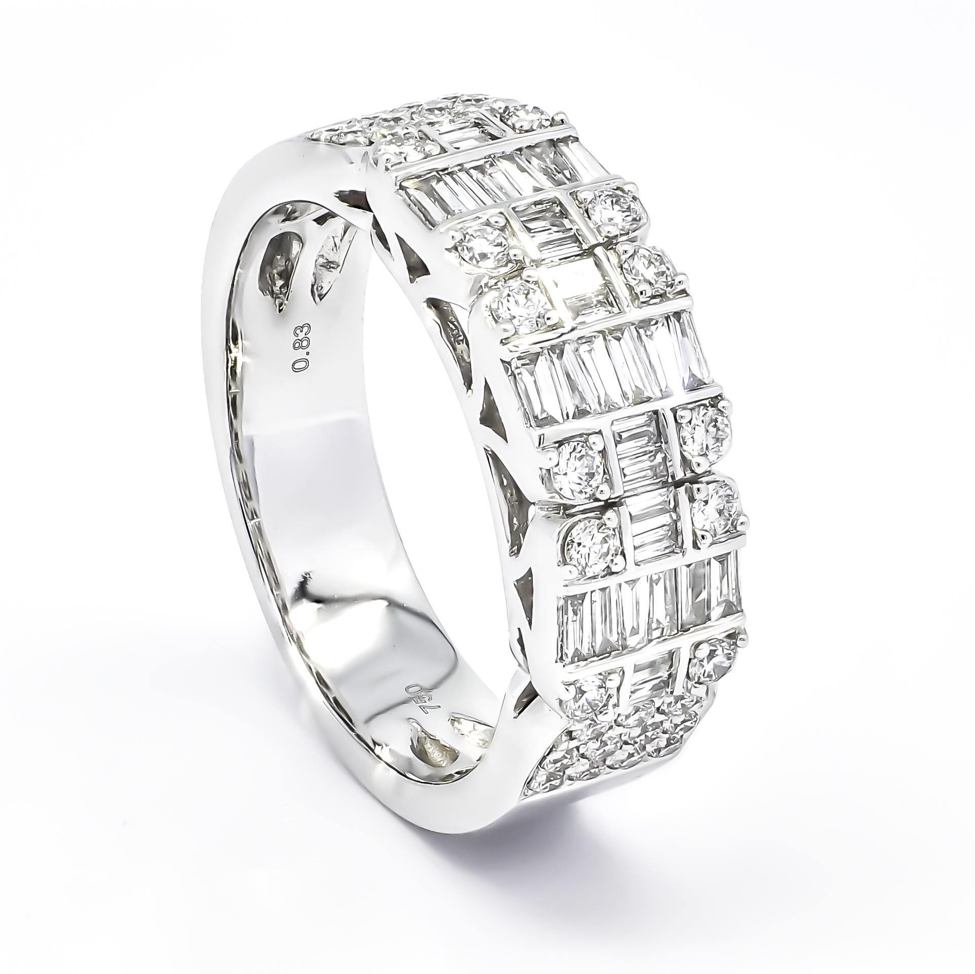 For Sale:  18K White Gold Baguette Diamond Round Brilliant Half Eternity Band Ring 5