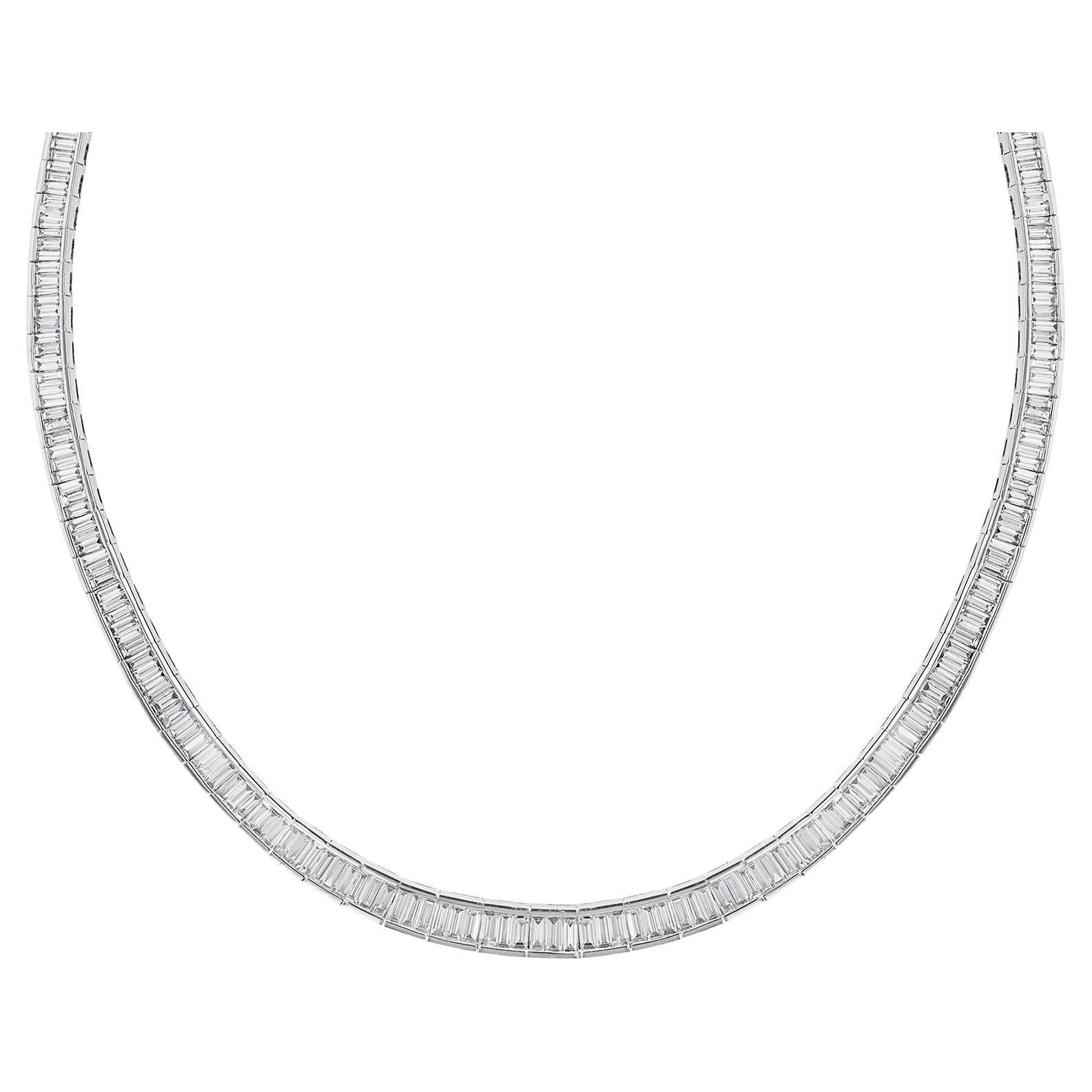 18K White Gold Baguette Diamond Tennis Collar Necklace, 20.29ct. For Sale