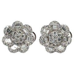 18K White Gold Baguette & Round Diamond Floral Cluster Earrings – 2.39CTS