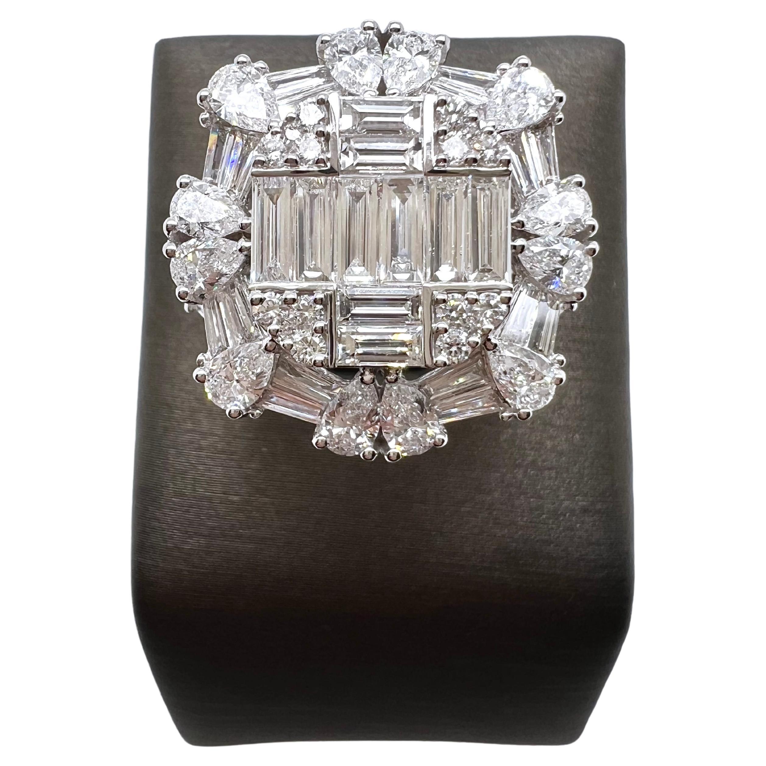 18 Karat Weißgold Baguette-Diamantring mit runder, birnenförmiger Ring im Zustand „Neu“ in Carrollton, TX