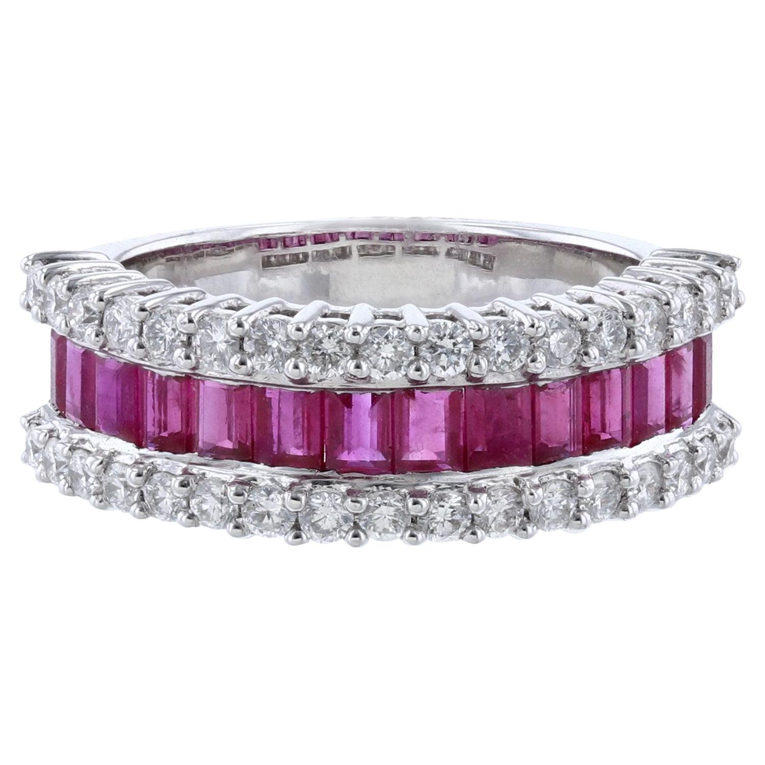 18K White Gold Baguette Ruby and Diamond Ring For Sale