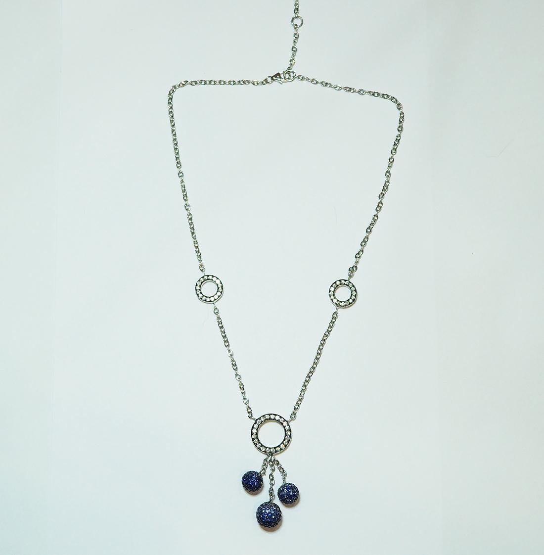 Modern 18 Karat White Gold Ball Sapphire Drop Necklace For Sale