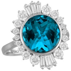 18K White Gold Ballerina Cocktail Ring w/London Blue Topaz & Baguette Diamonds