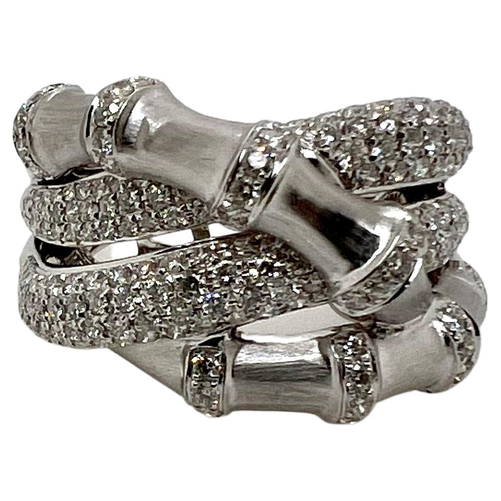 18k White Gold Bamboo Style Diamond Cocktail Ring Band For Sale