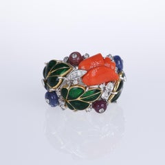 18K White Gold Band Ring with Coral Flower, Gemstones, and Diamonds
