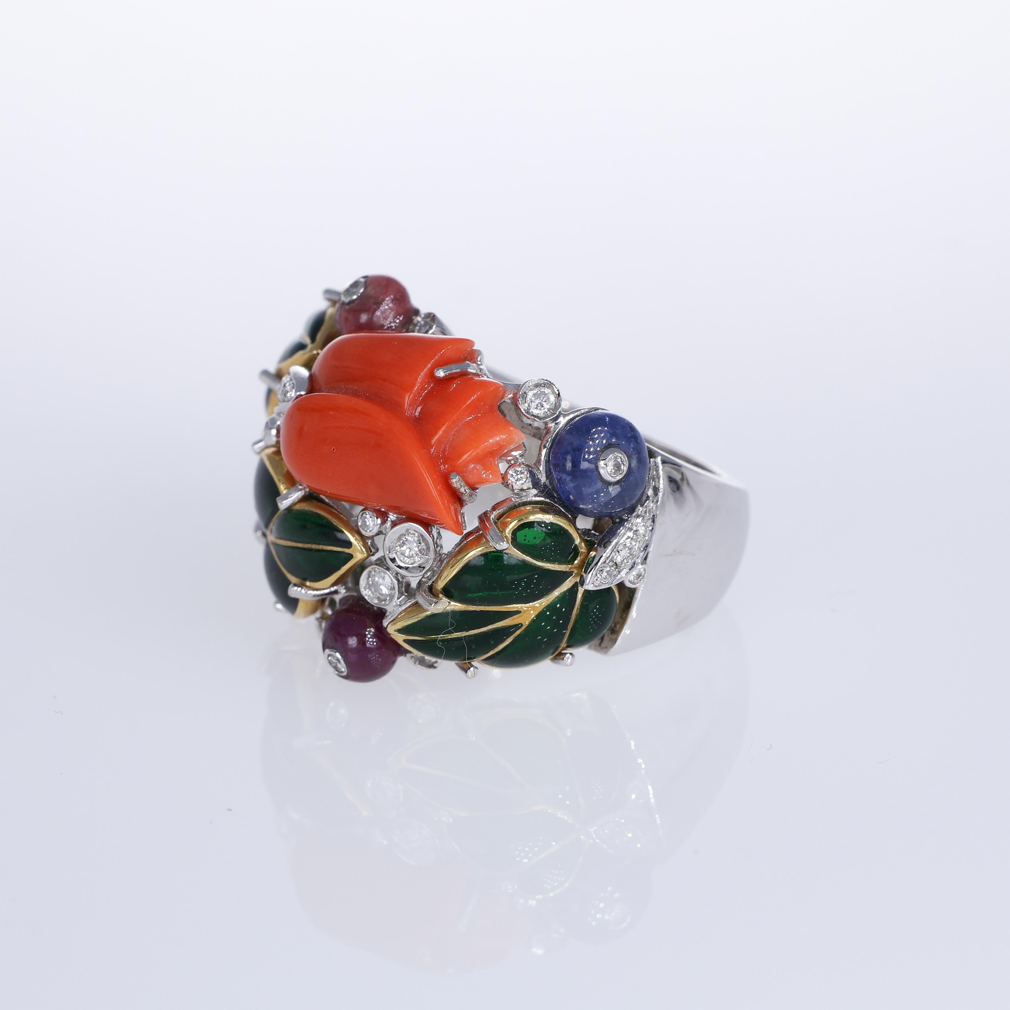Brilliant Cut 18K White Gold Band Ring with Coral Flower, Gemstones, and Diamonds For Sale