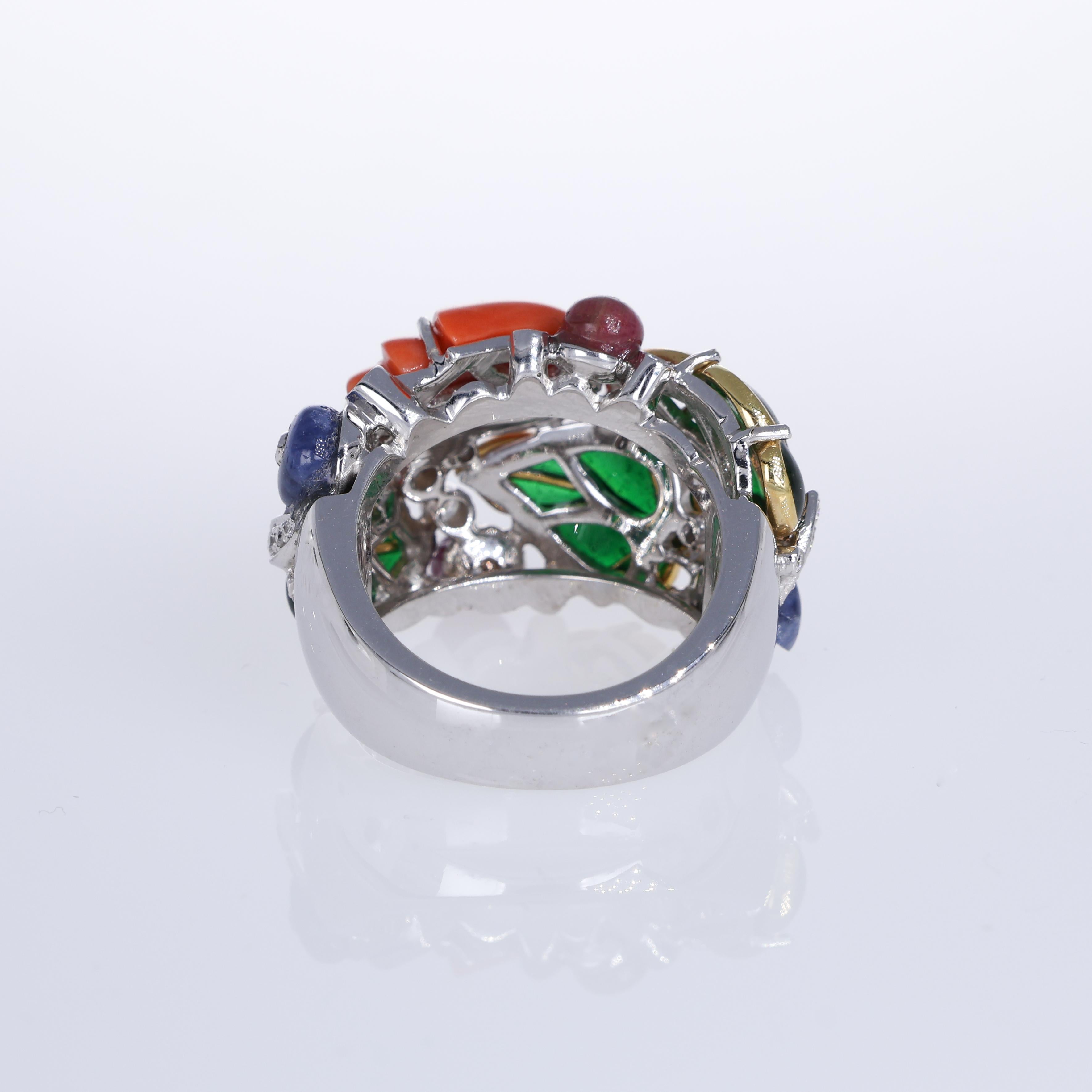 Women's or Men's 18K White Gold Band Ring with Coral Flower, Gemstones, and Diamonds For Sale