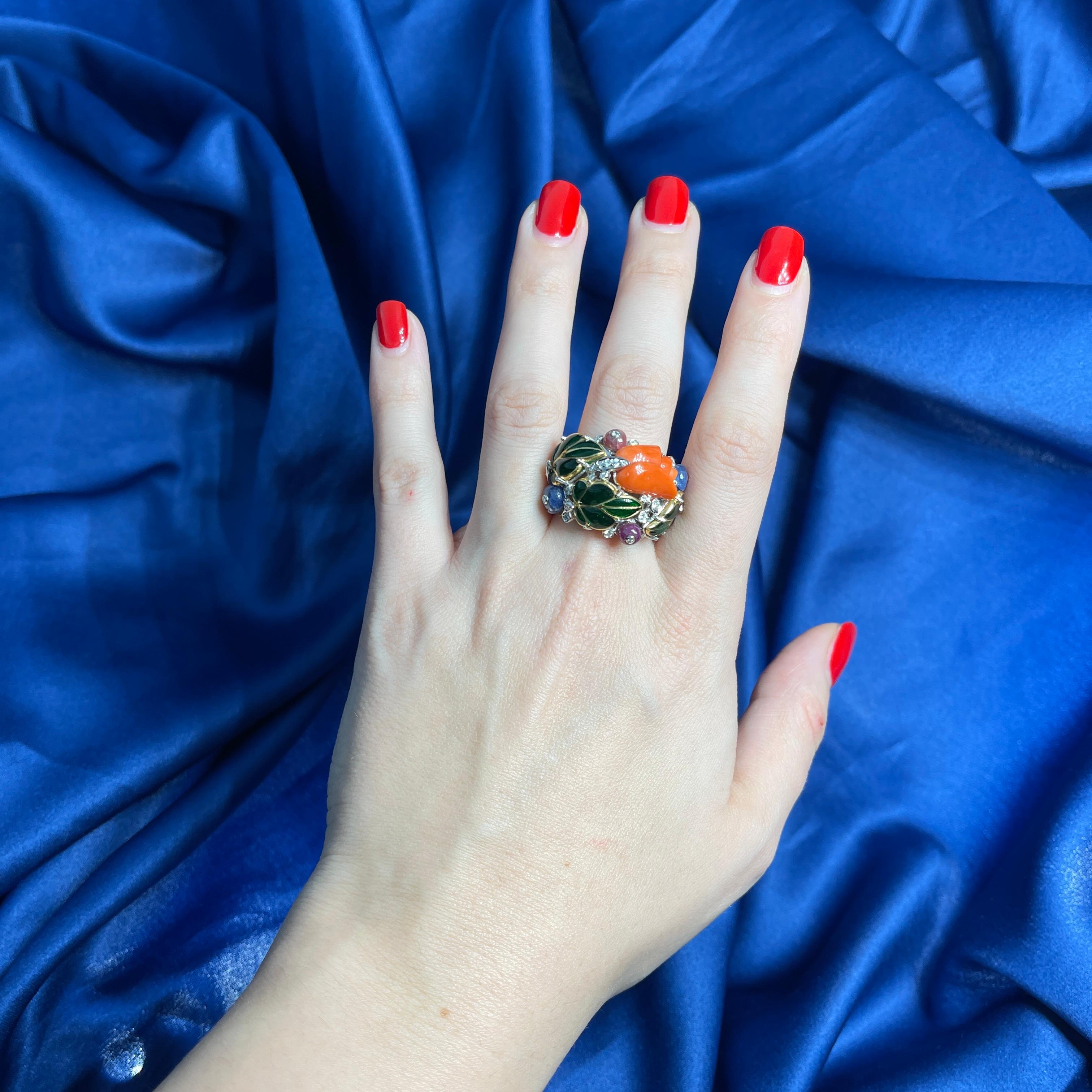 18K White Gold Band Ring with Coral Flower, Gemstones, and Diamonds For Sale 1