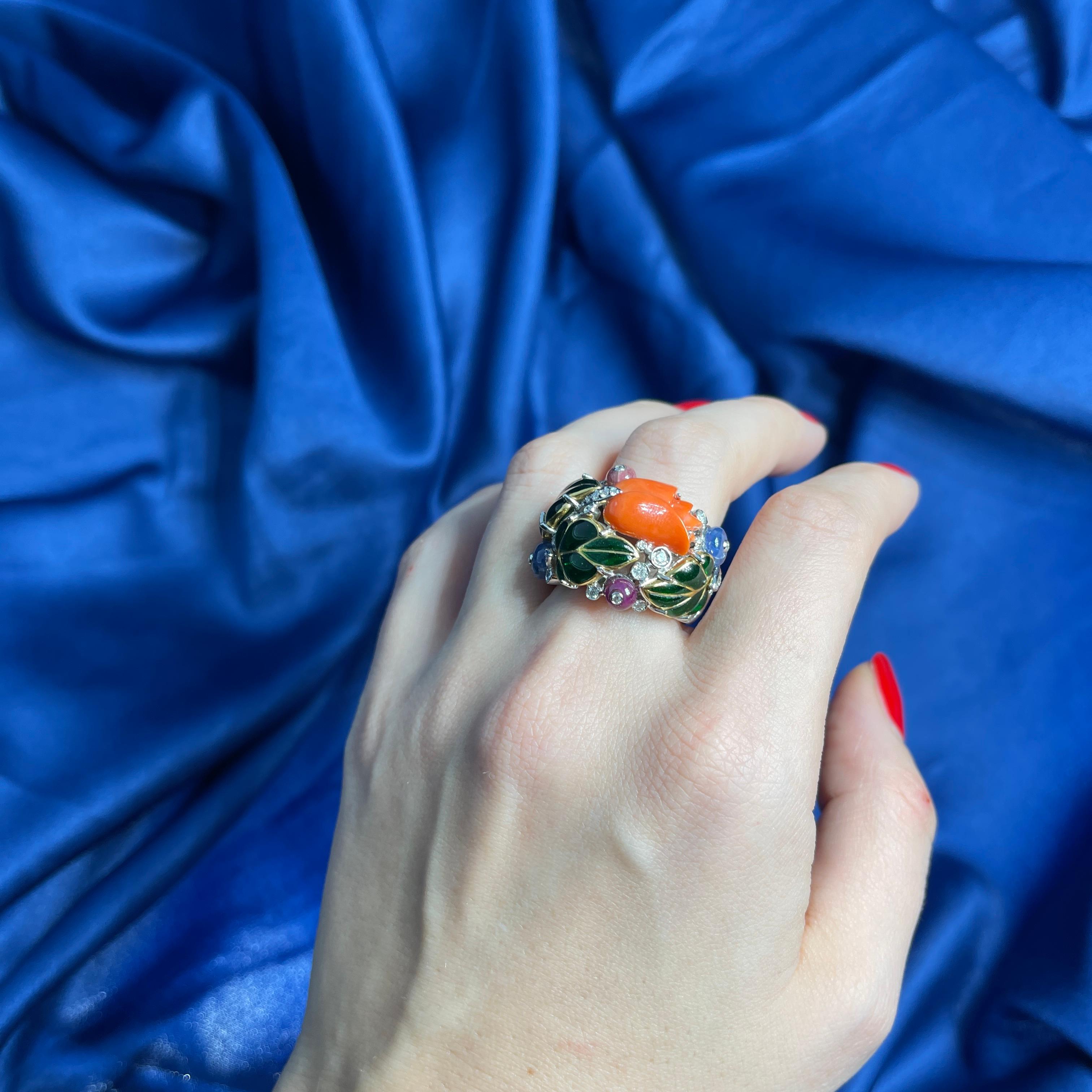 18K White Gold Band Ring with Coral Flower, Gemstones, and Diamonds For Sale 2