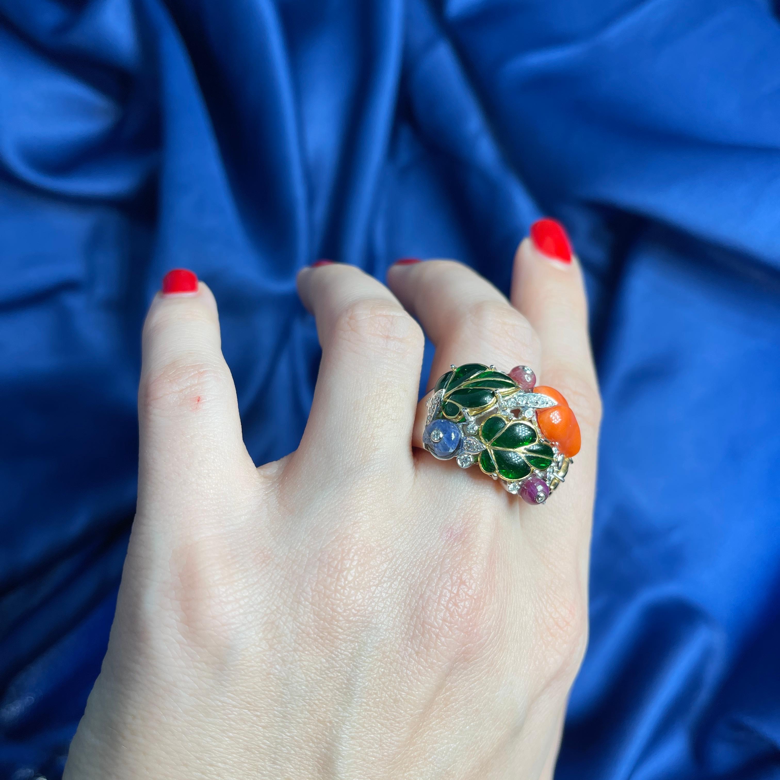 18K White Gold Band Ring with Coral Flower, Gemstones, and Diamonds For Sale 3
