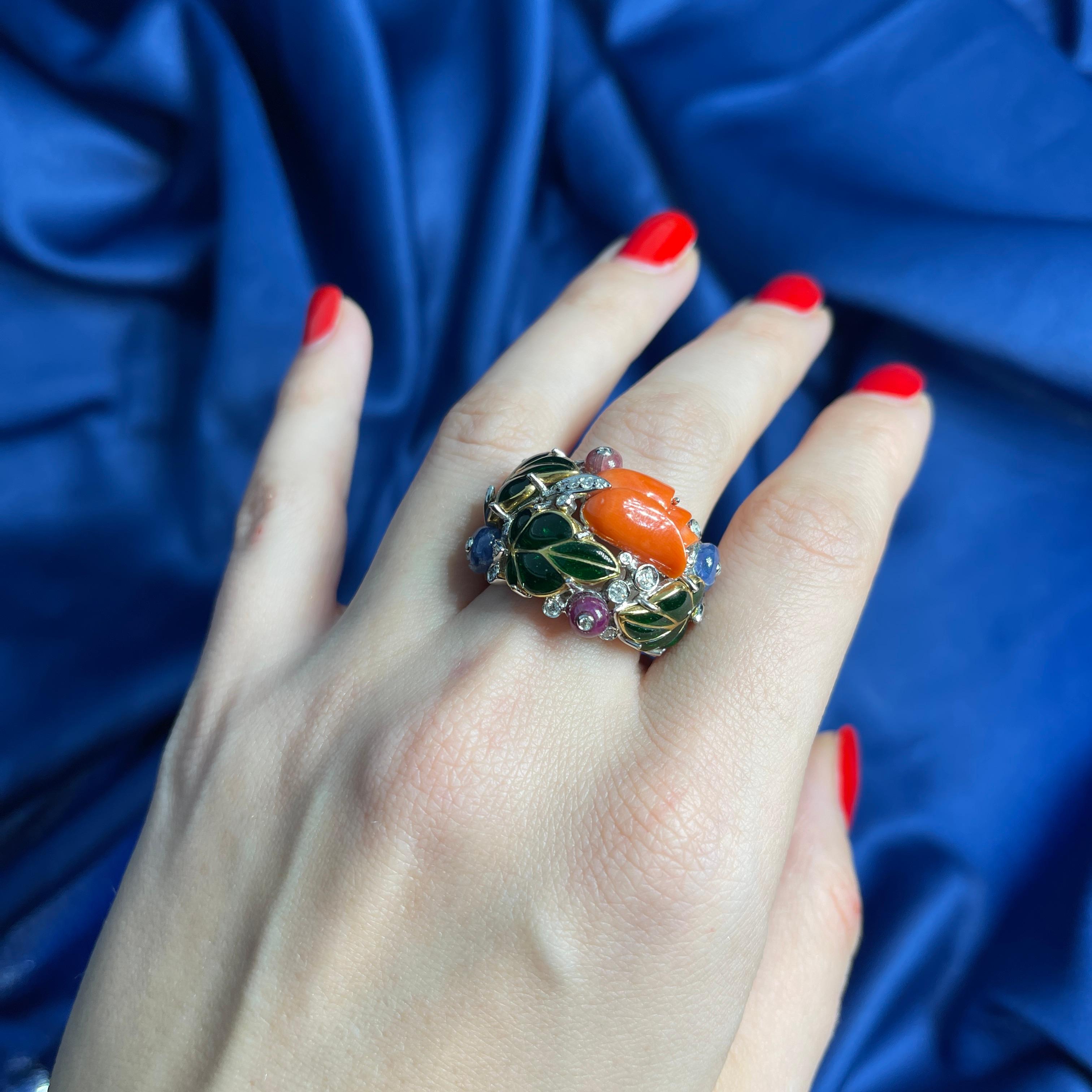 18K White Gold Band Ring with Coral Flower, Gemstones, and Diamonds For Sale 4