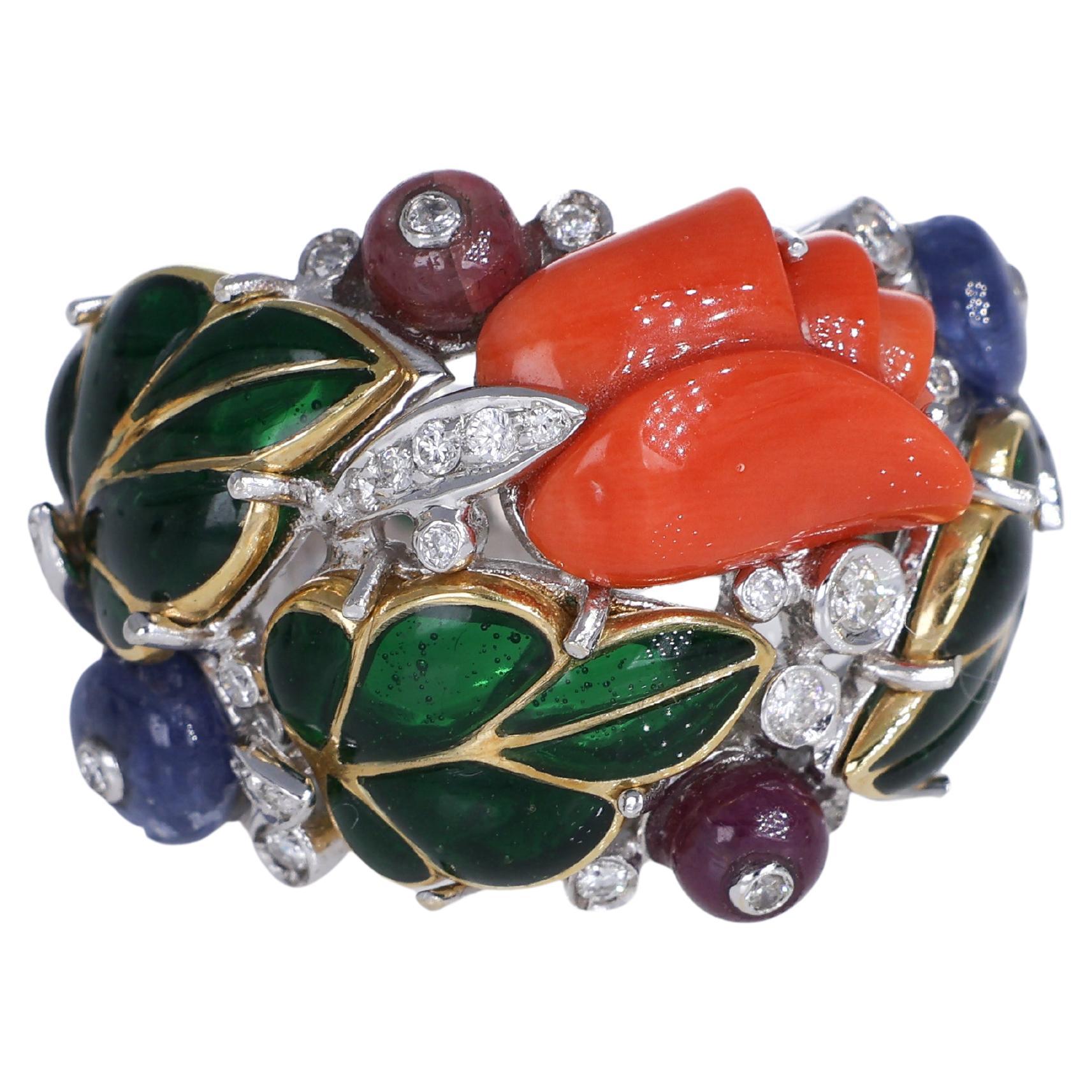 18K White Gold Band Ring with Coral Flower, Gemstones, and Diamonds