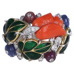 18K White Gold Band Ring with Coral Flower, Gemstones, and Diamonds