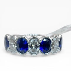 18K White Gold Band Ring with Oval Cut Sapphire and Diamonds, Size 6.5