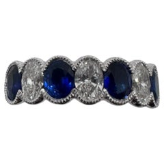 18K White Gold Band Ring with Oval Cut Sapphire and Diamonds, Size 6.5