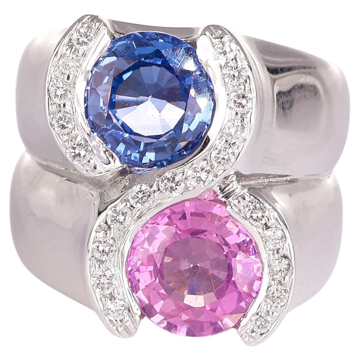 18K White Gold Band Ring with Pink and Blue Sapphires