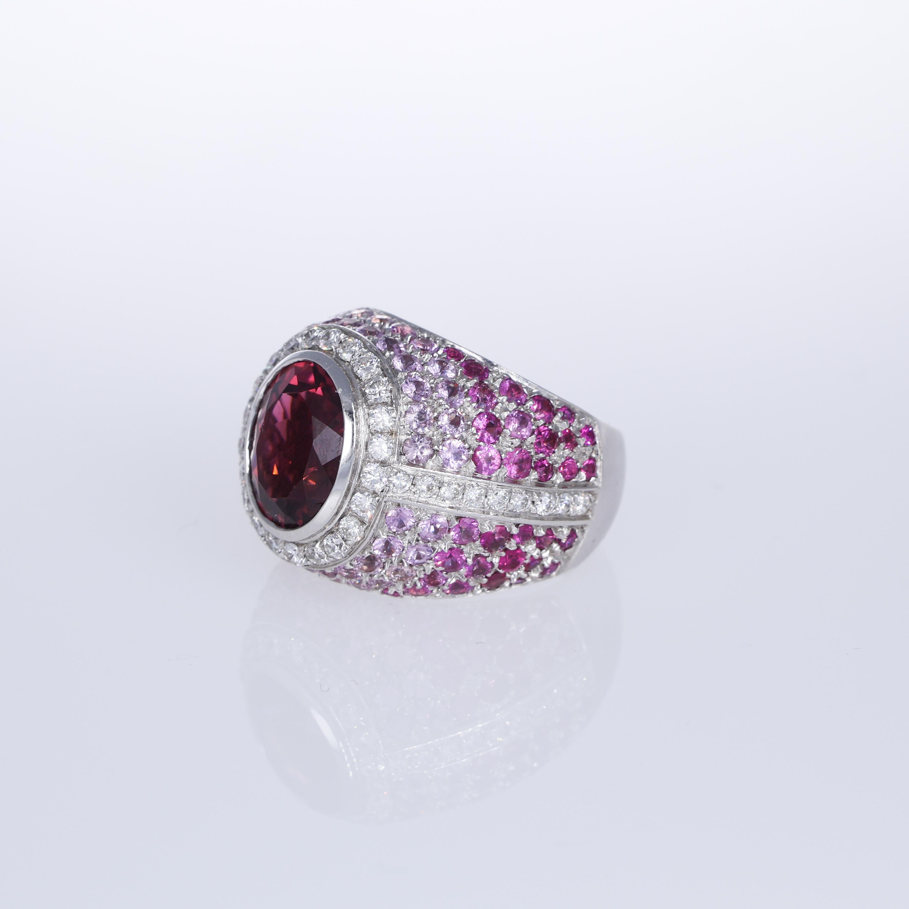 Oval Cut 18K White Gold Band Ring with Pink Tourmaline, Pink Sapphires, and White Diamond For Sale