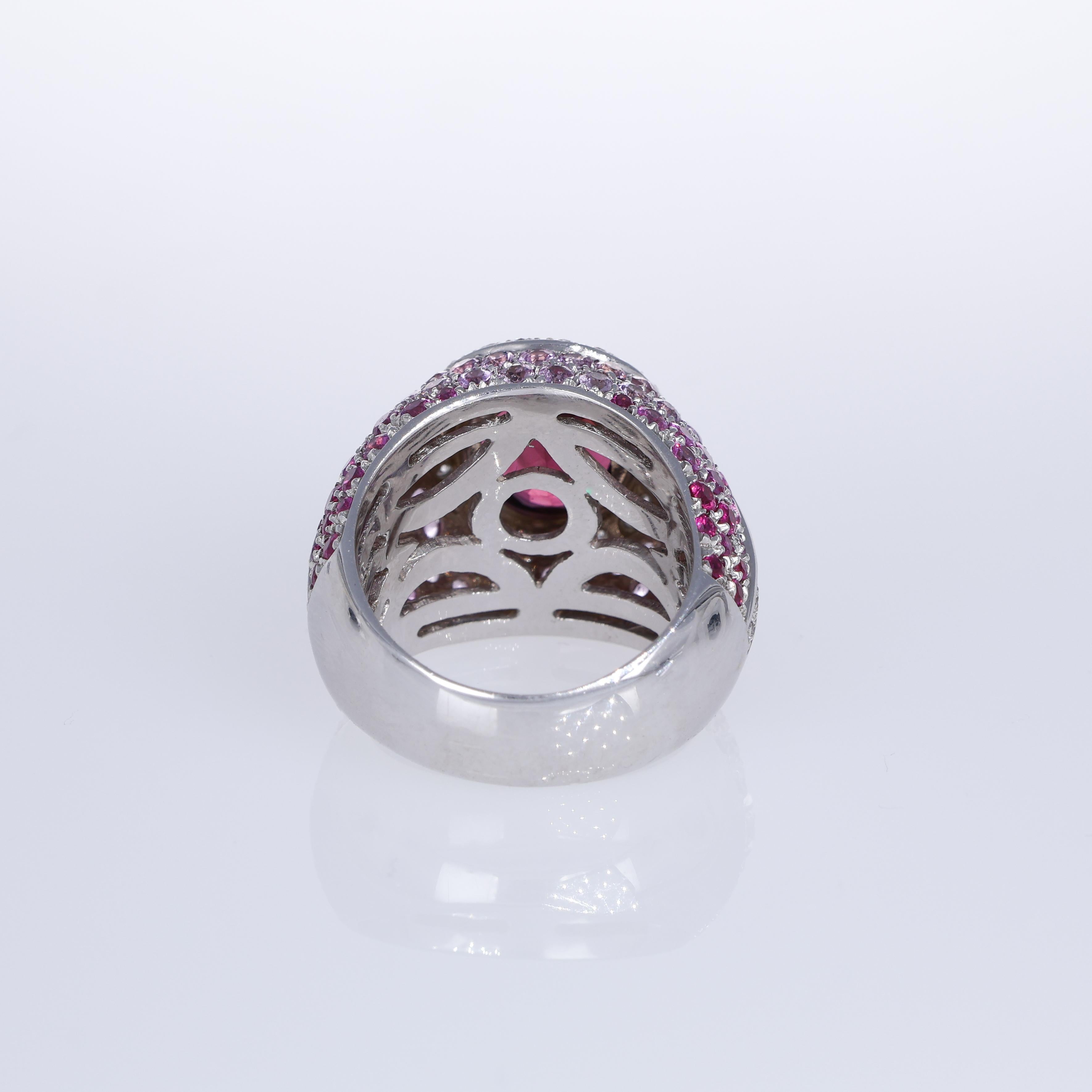 Women's or Men's 18K White Gold Band Ring with Pink Tourmaline, Pink Sapphires, and White Diamond For Sale
