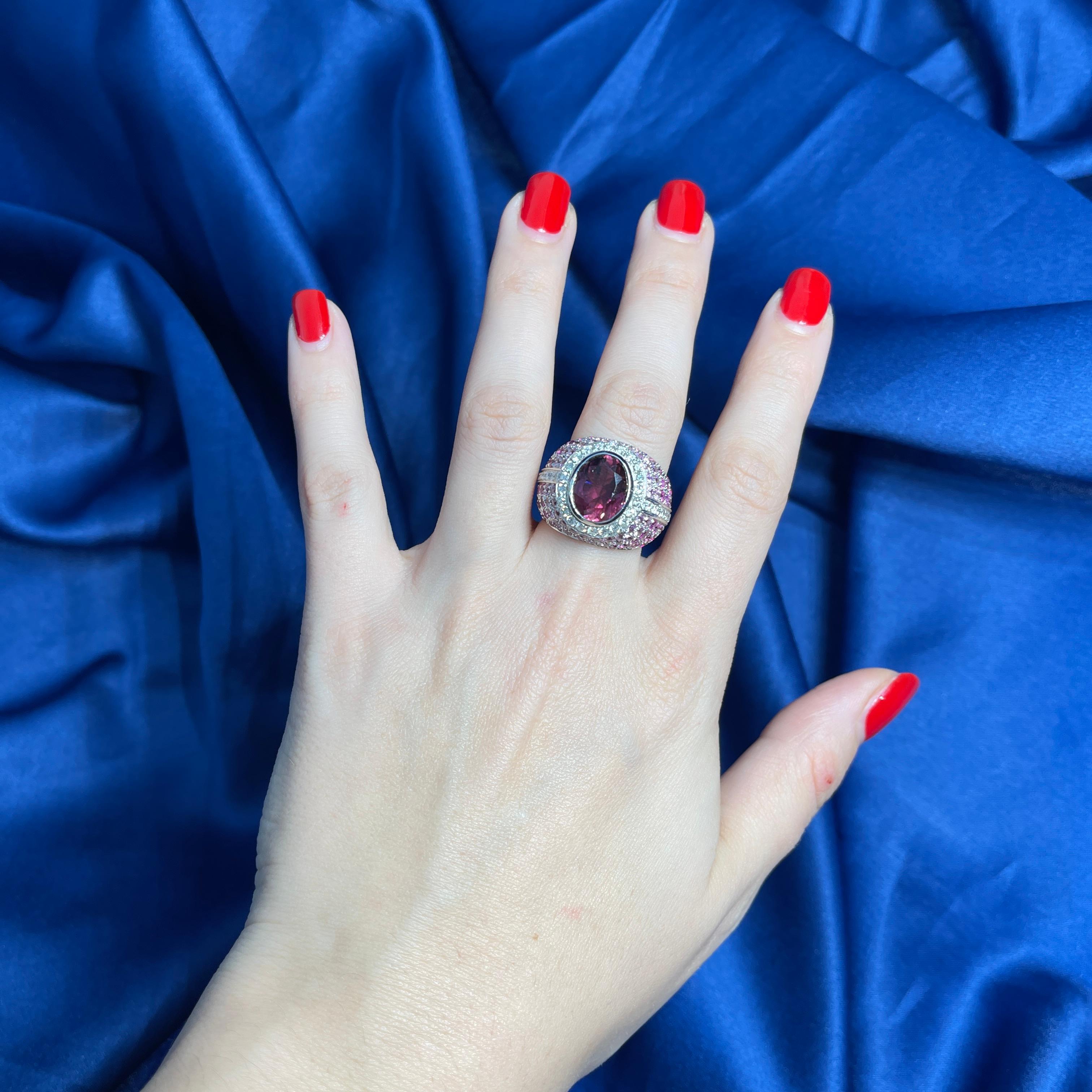 18K White Gold Band Ring with Pink Tourmaline, Pink Sapphires, and White Diamond For Sale 1