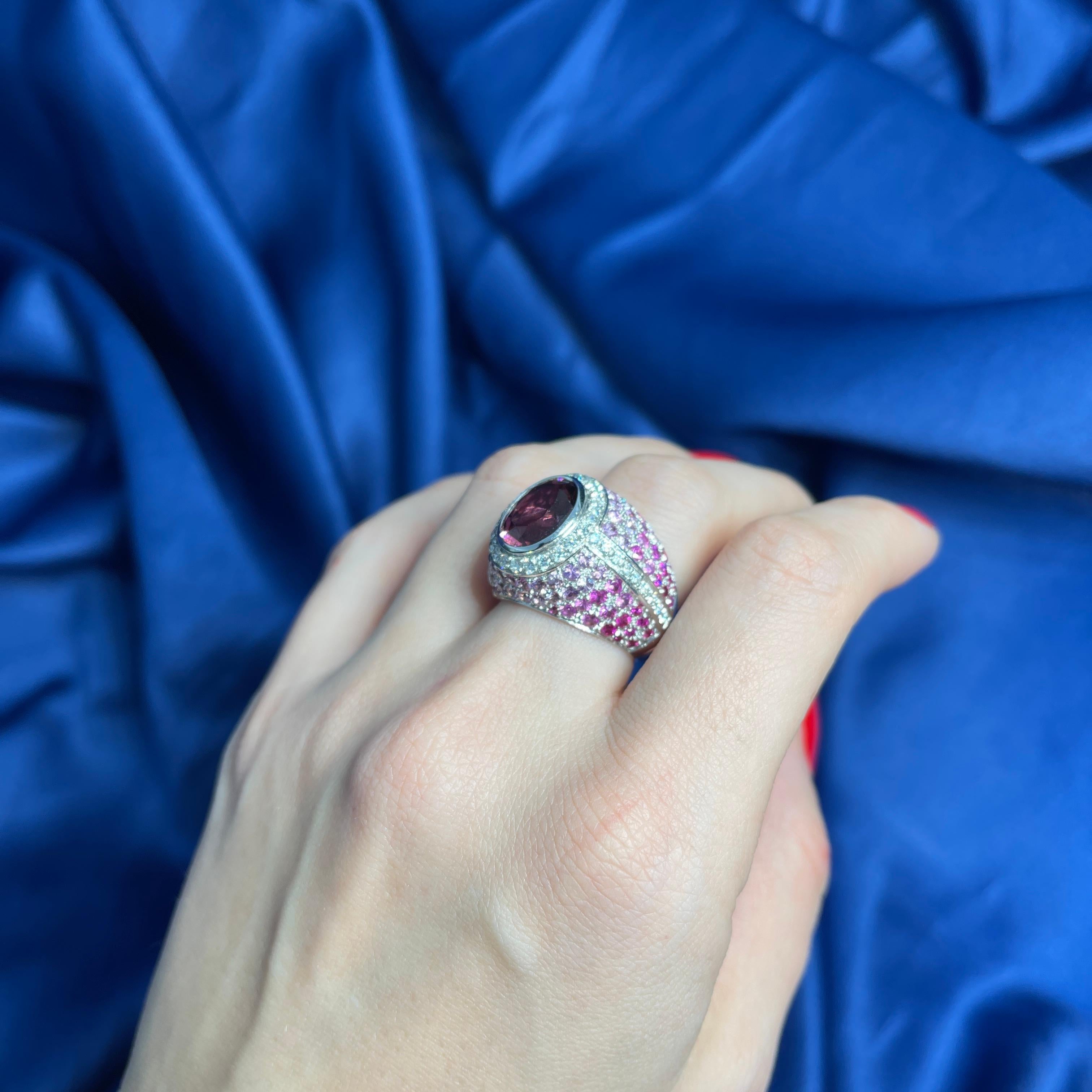18K White Gold Band Ring with Pink Tourmaline, Pink Sapphires, and White Diamond For Sale 2