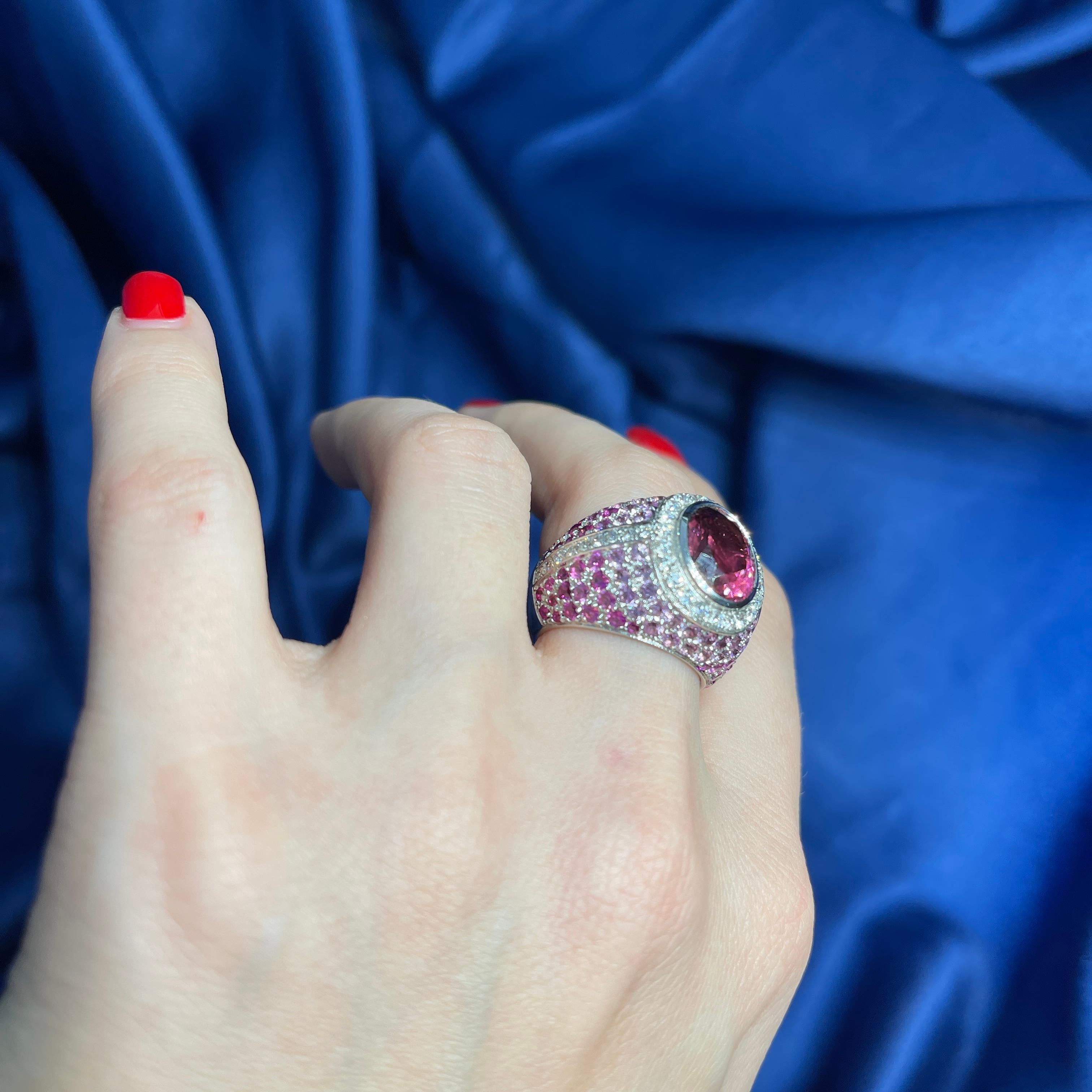 18K White Gold Band Ring with Pink Tourmaline, Pink Sapphires, and White Diamond For Sale 3