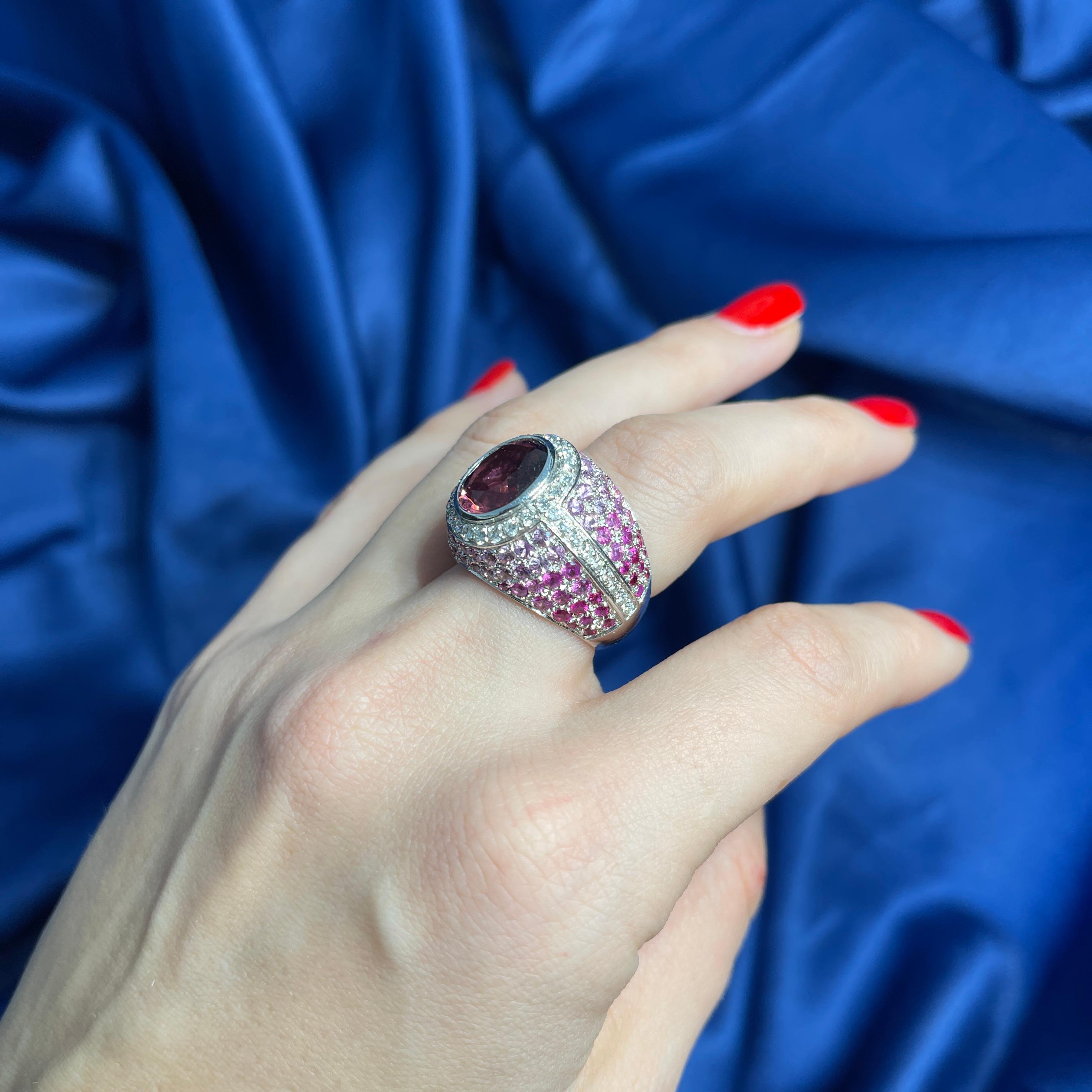 18K White Gold Band Ring with Pink Tourmaline, Pink Sapphires, and White Diamond For Sale 4