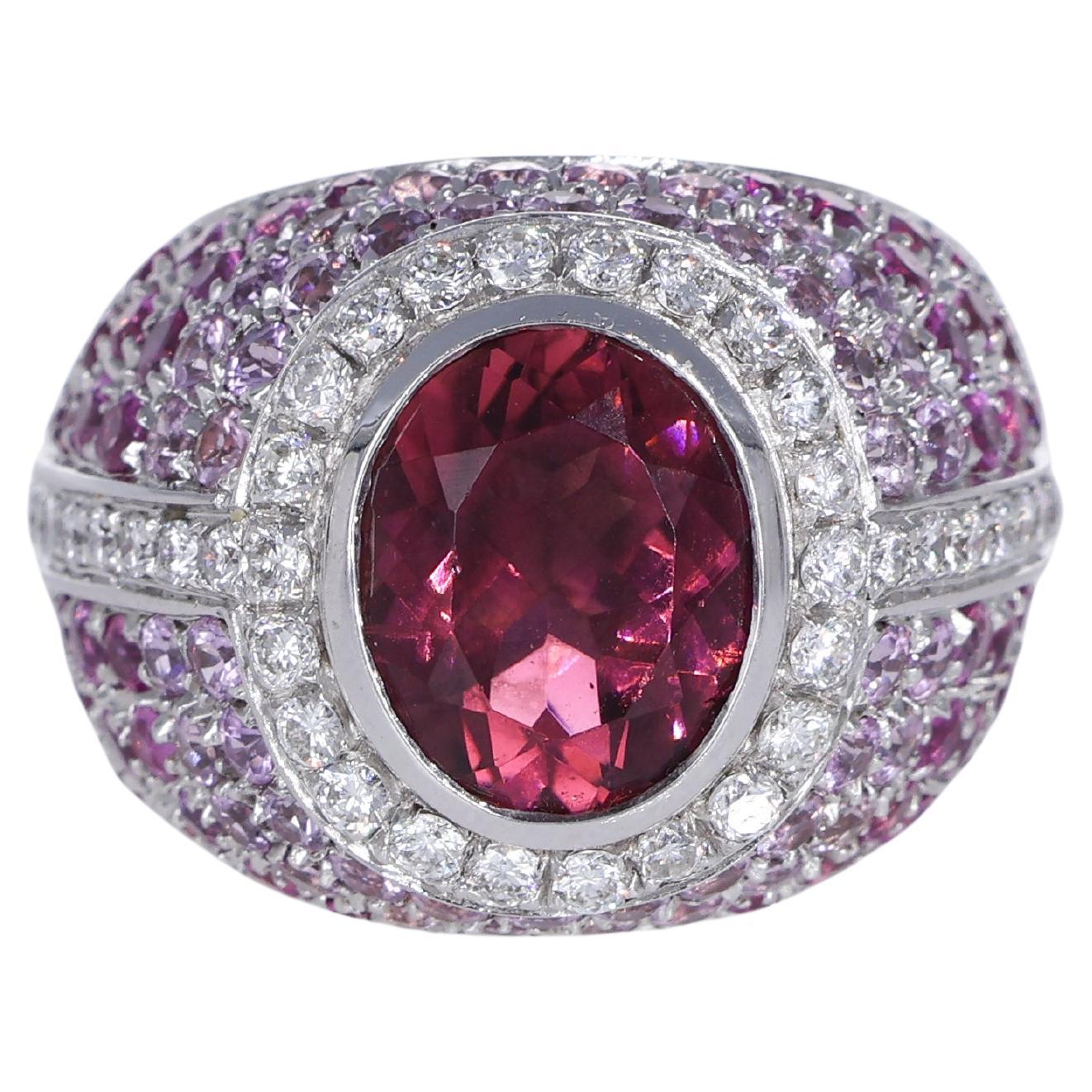 18K White Gold Band Ring with Pink Tourmaline, Pink Sapphires, and White Diamond