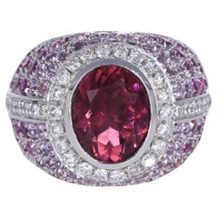 18K White Gold Band Ring with Pink Tourmaline, Pink Sapphires, and White Diamond