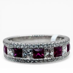 18K White Gold Band with 5 Princess Cut Rubies and Diamonds. (Size 6.00)
