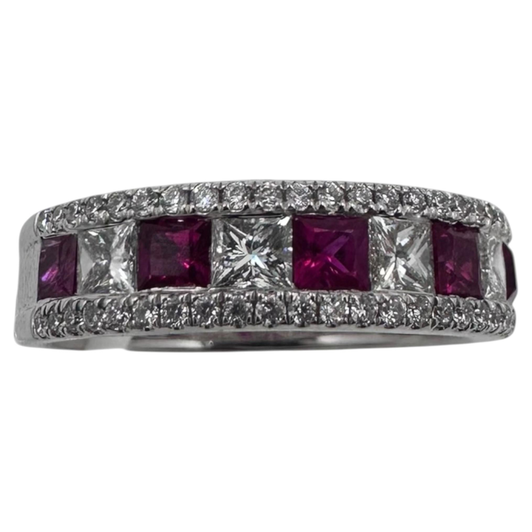 18K White Gold Band with 5 Princess Cut Rubies and Diamonds. (Size 6.00) For Sale