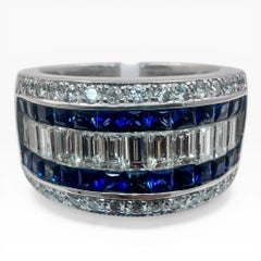 18K White Gold Band with Princess Cut Sapphires and Diamonds. (Size 6.75)