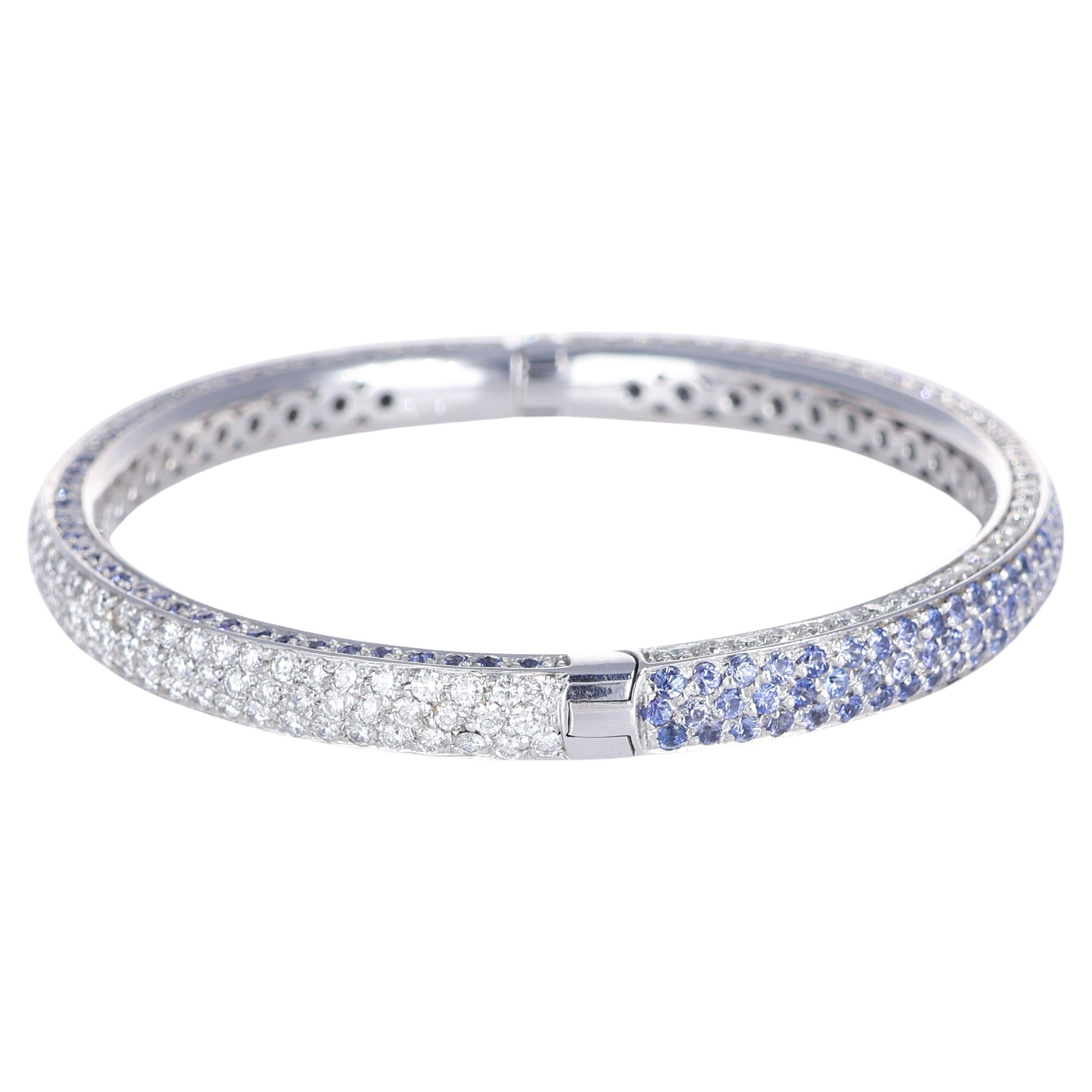 18K White Gold Bangle Bracelet with Diamonds and Blue Sapphires