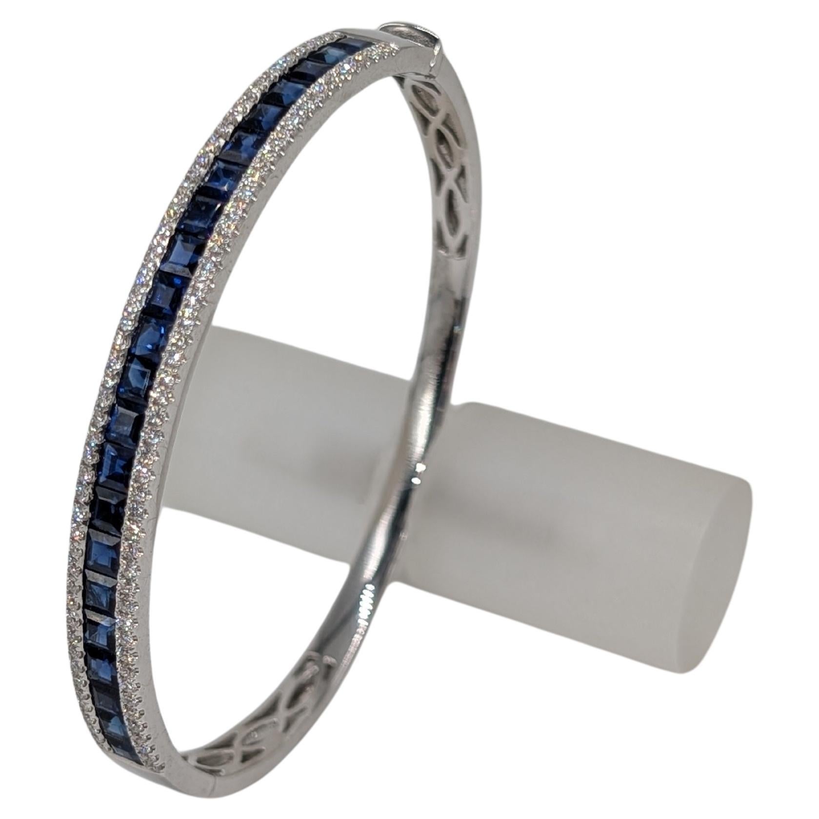 18k White Gold Bangle Featuring Princess Cut Sapphires and Round Cut Diamonds