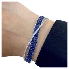 18K White Gold Bangle Featuring Round Cut Sapphire and Diamonds