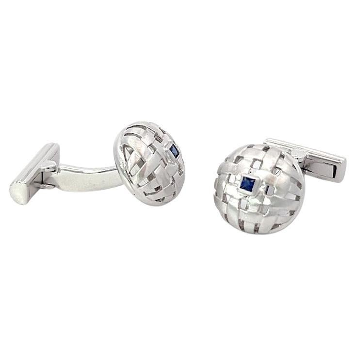 18k White Gold Basket Cufflinks Sapphire Squares